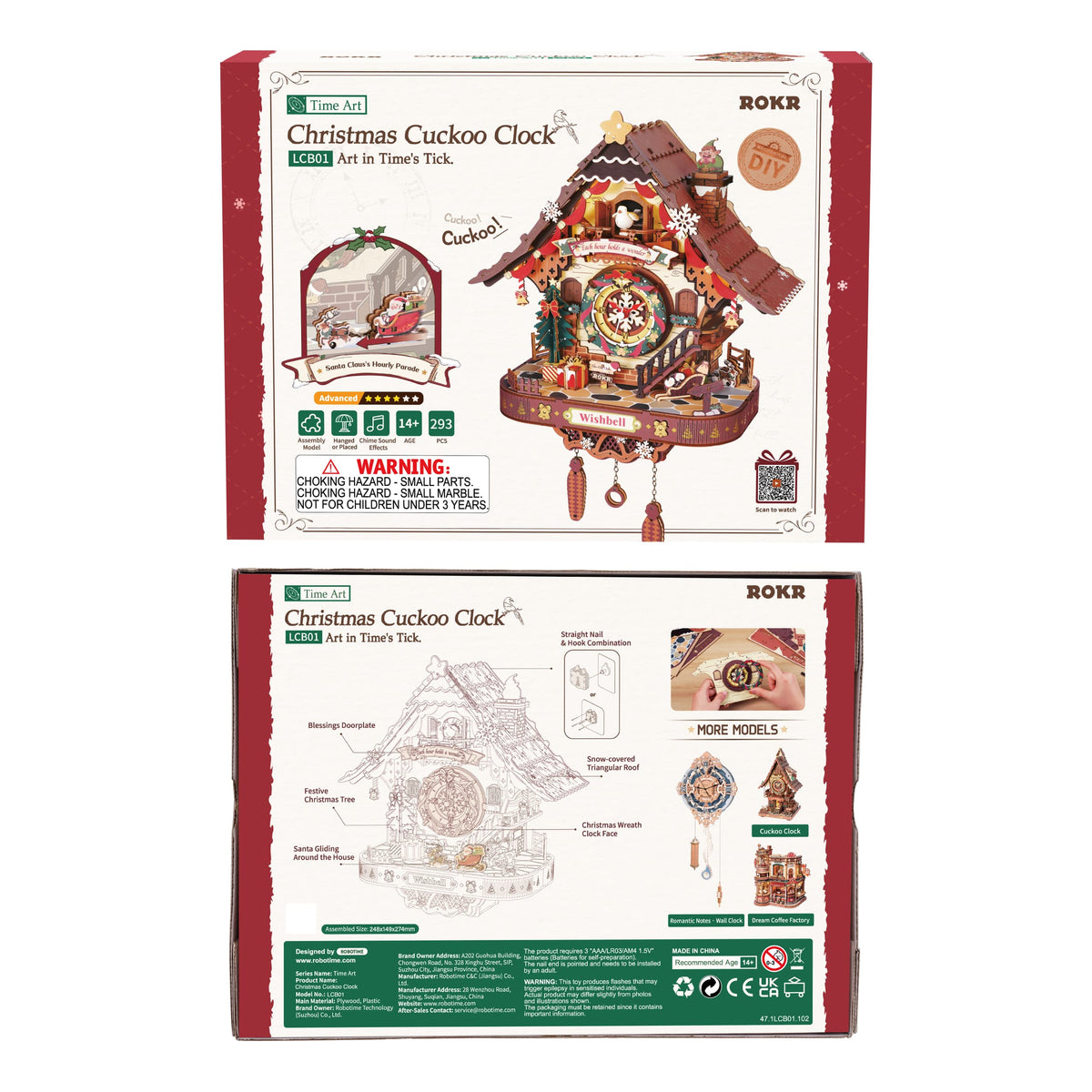 Puzzle 3D en bois – Horloge à coucou de Noël, 293 pièces